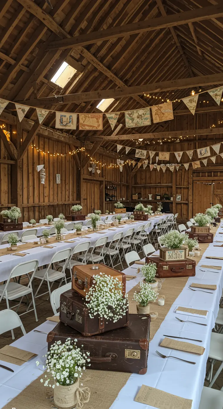Long tables with suitcase centerpieces and map banners in a rustic barn.