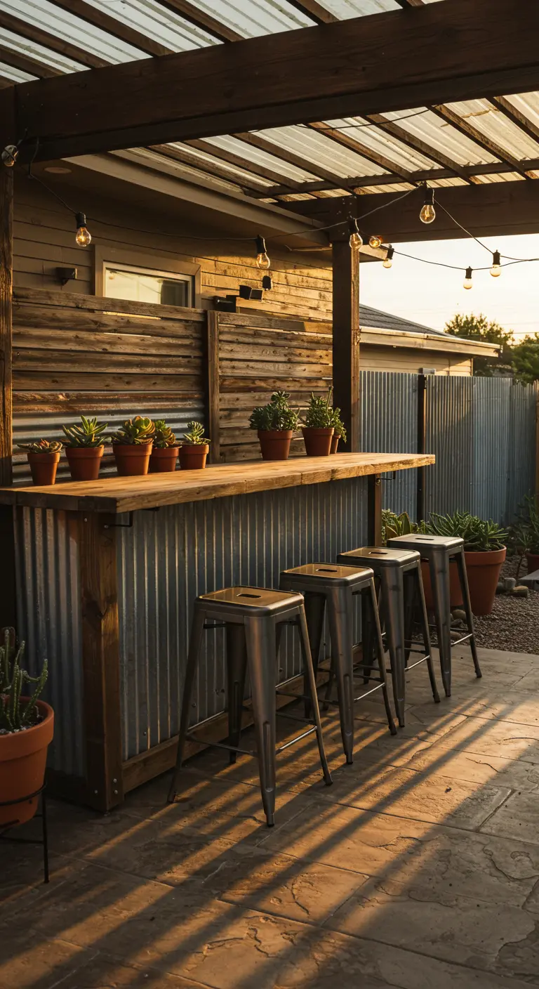 Backyard patio bar made of wood and corrugated metal with matching stools.