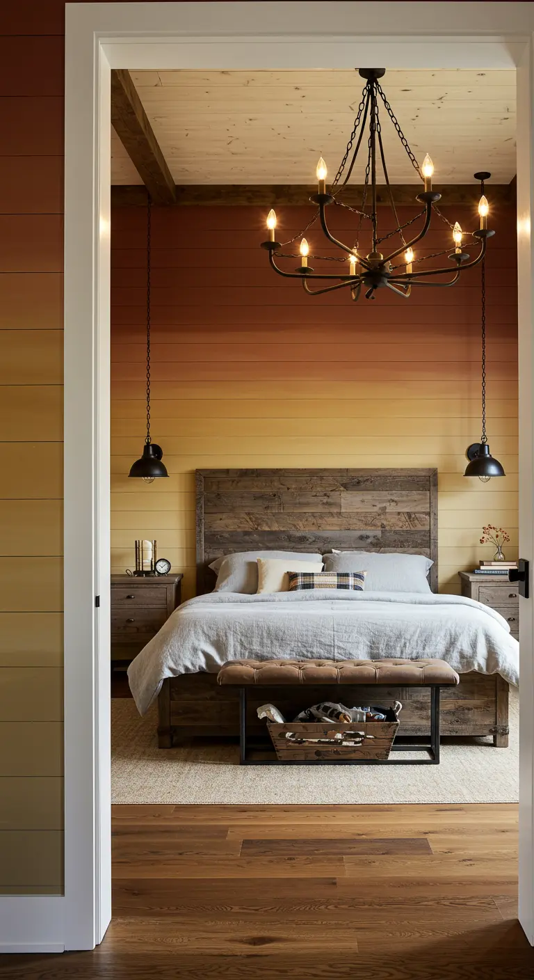 A rustic bedroom with a gradient-painted shiplap wall, viewed through a doorway.