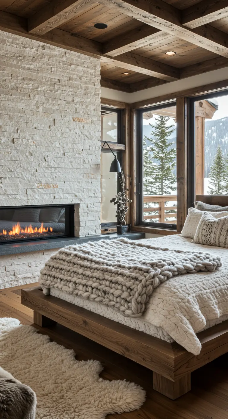Rustic bedroom with a stacked stone fireplace, wood beam ceiling, and a large knit blanket.