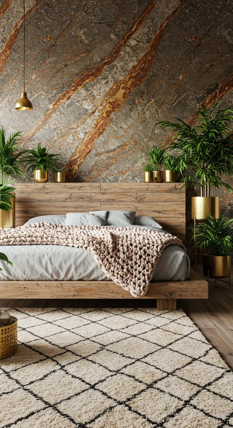A rustic bedroom with a rough-textured marble wall, wood headboard, and numerous plants in gold pots.