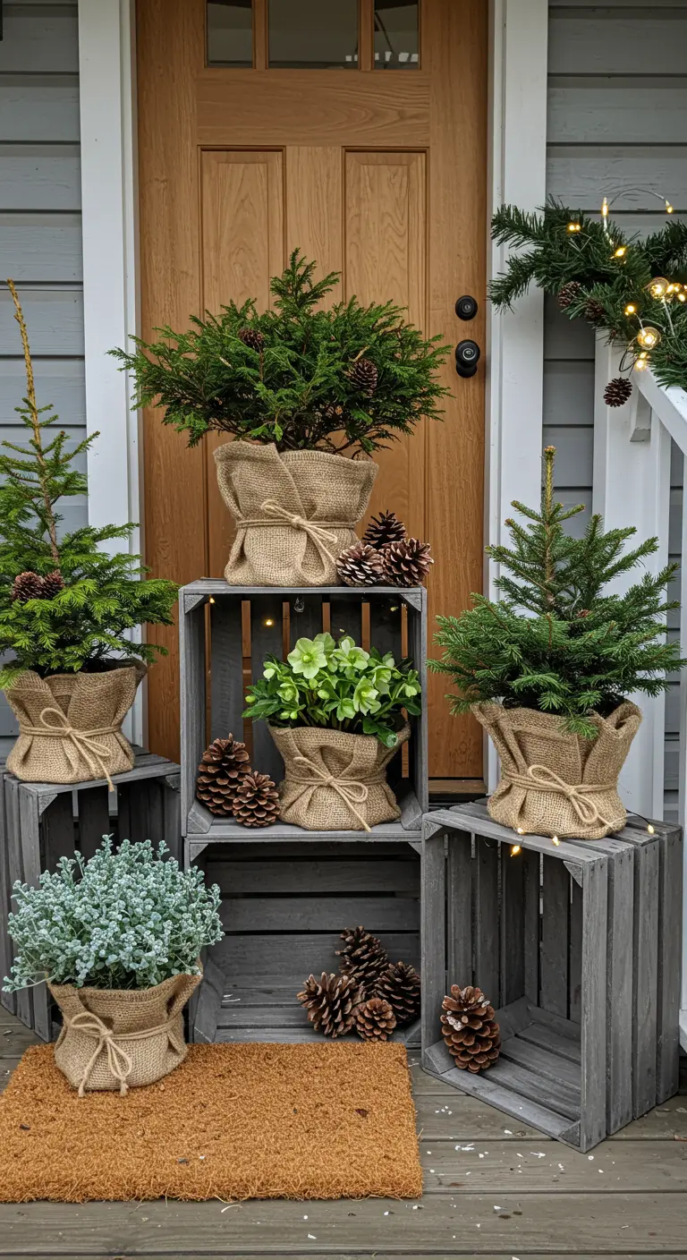 Stacked wooden crates with burlap-wrapped evergreens and pinecones by a front door.
