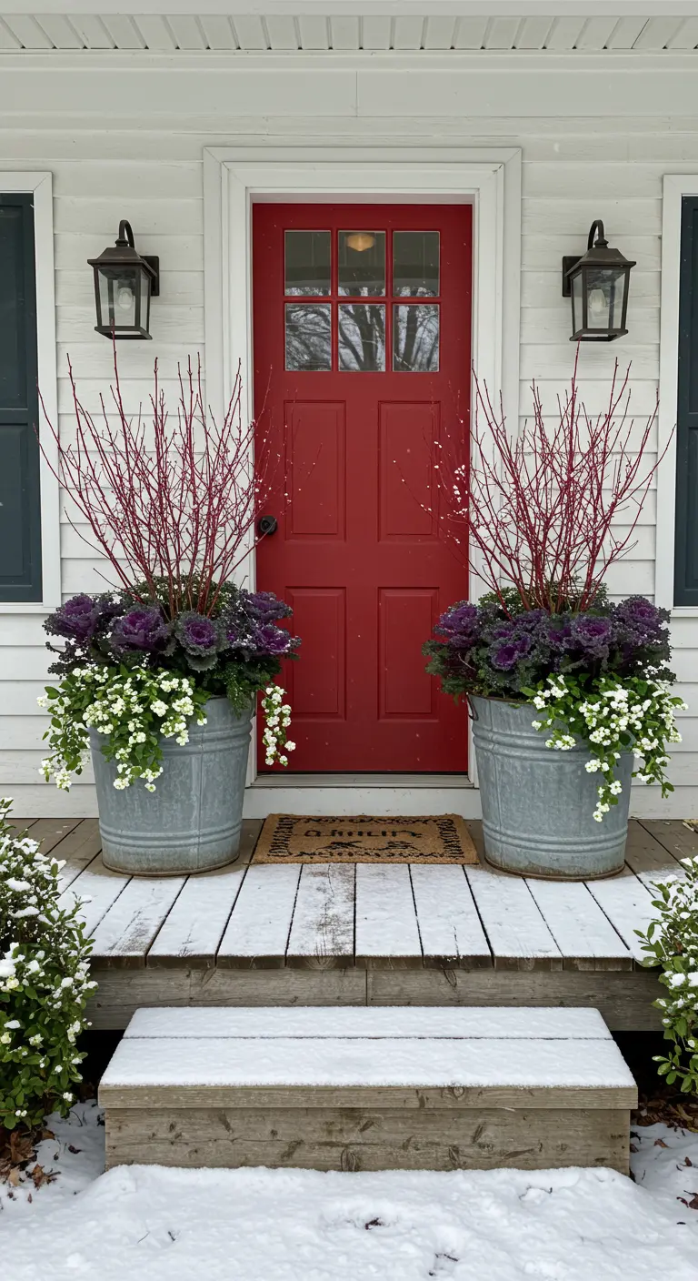 Two large galvanized buckets with purple kale and red dogwood flank a red front door.