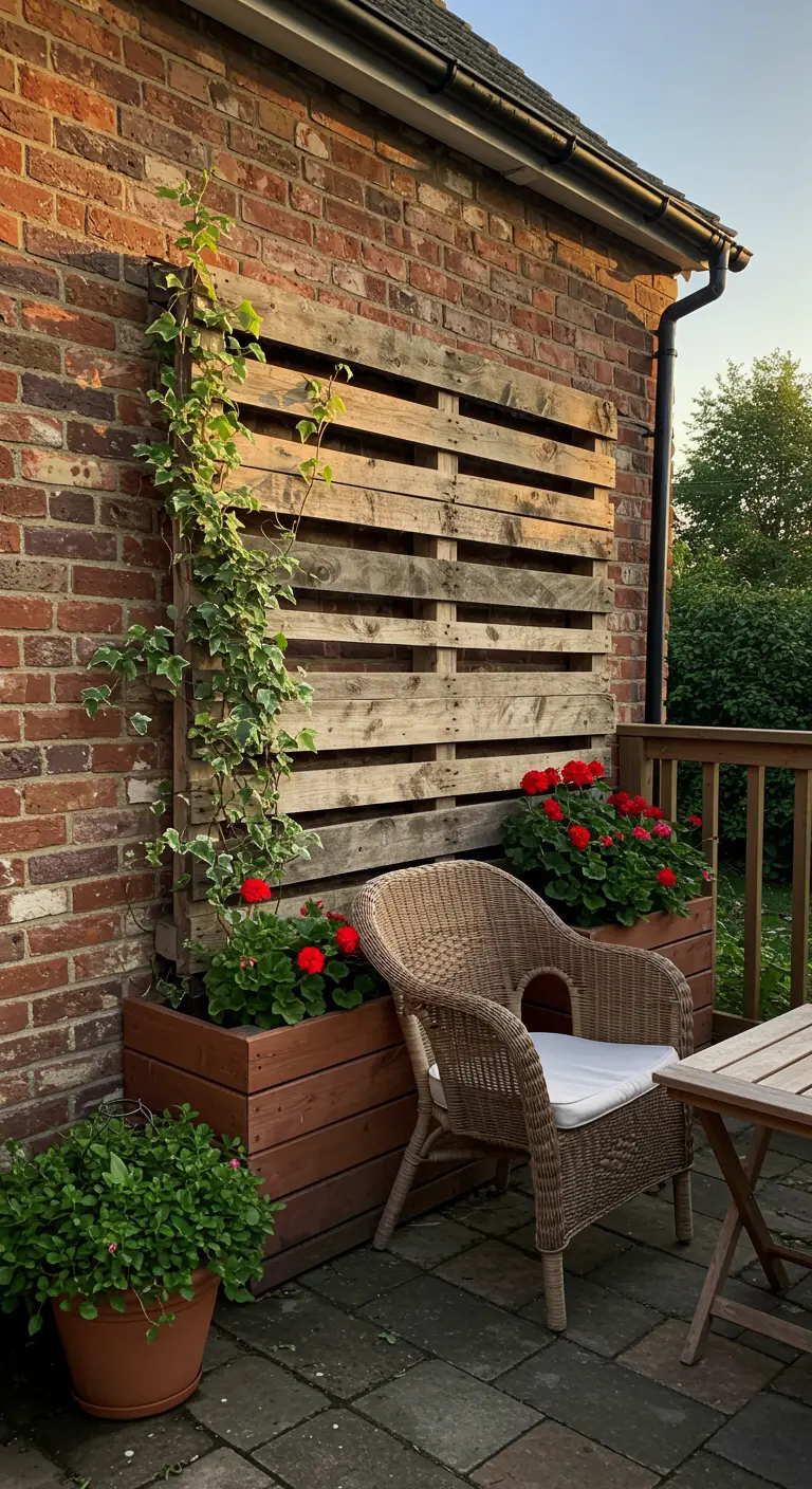A pallet wood privacy screen against a brick wall with a planter box of red geraniums and climbing ivy.