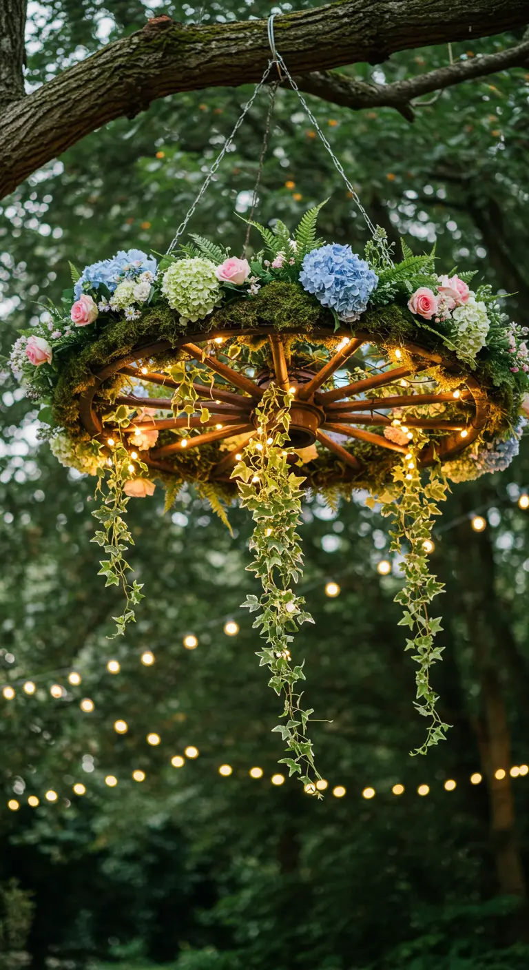 A vintage wagon wheel hanging chandelier with moss, flowers, and lights.