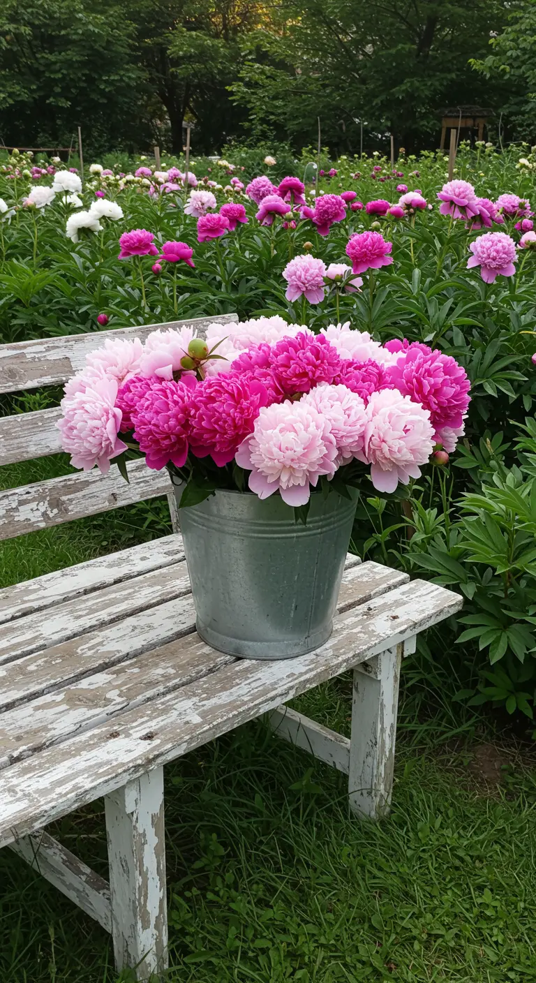 A heavily distressed white bench in a field of peonies, holding a bucket of blooms.