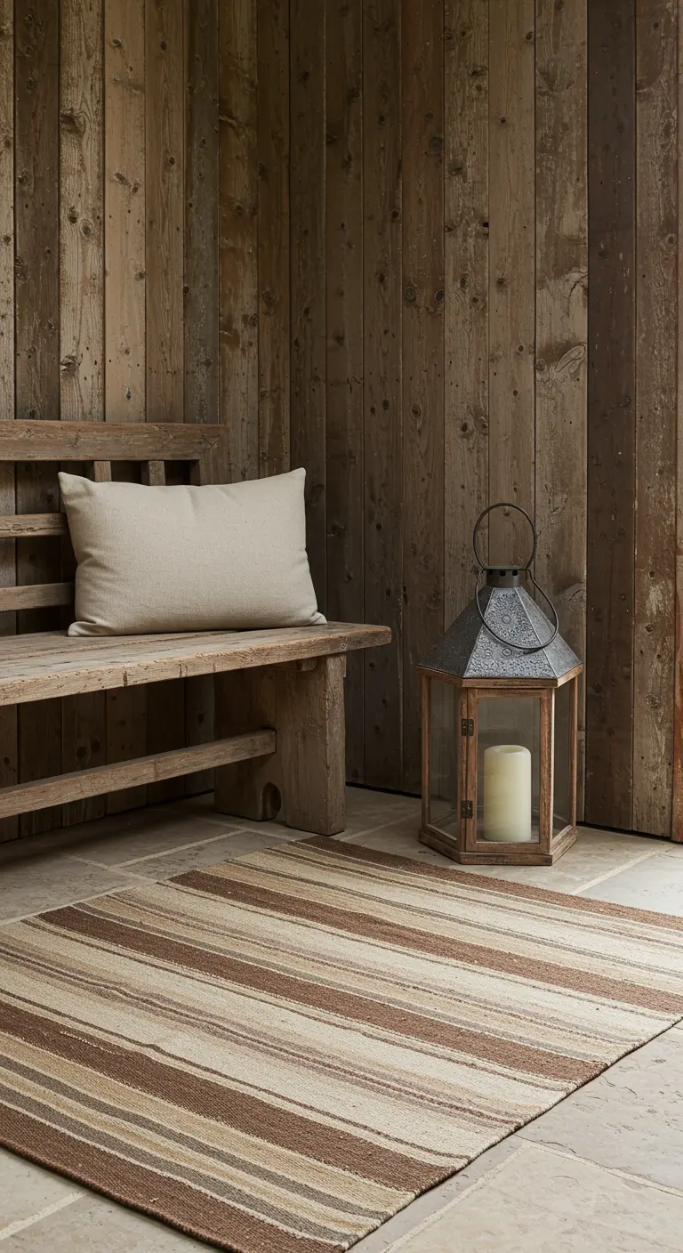 A rustic corner with a wooden bench, a wood-framed lantern, and a striped neutral rug.
