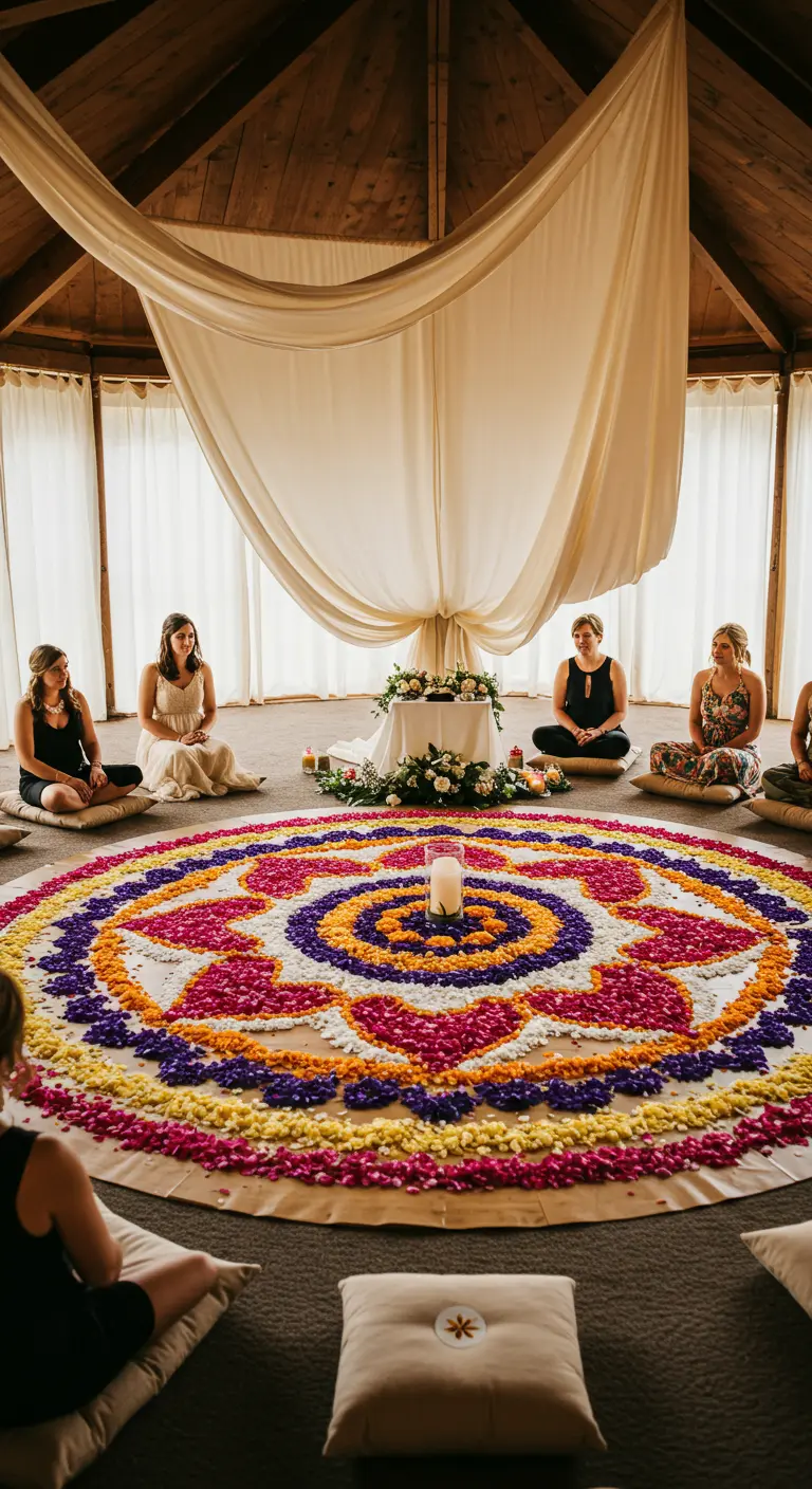 An intricate, colorful mandala made of flower petals on the floor for a wedding ceremony.