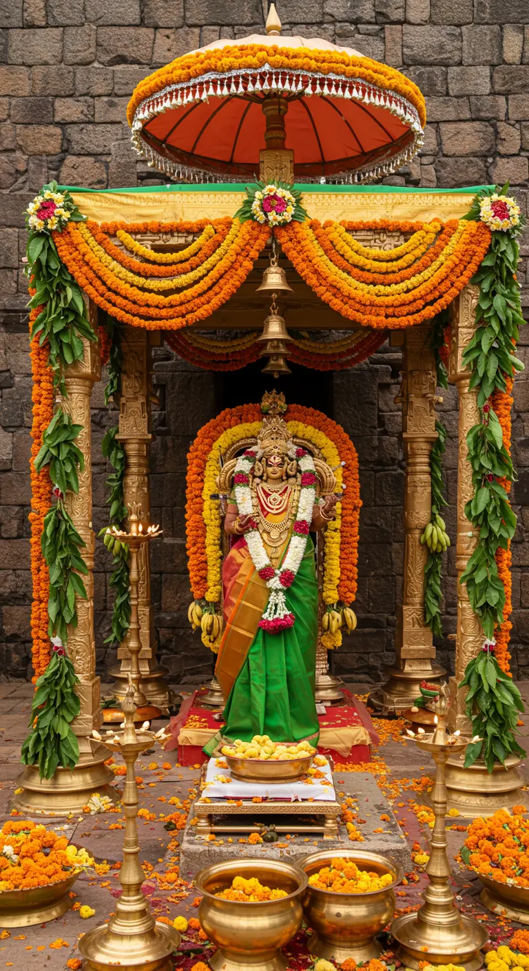 A traditional temple-style mandap with golden pillars, marigold garlands, and a goddess statue.