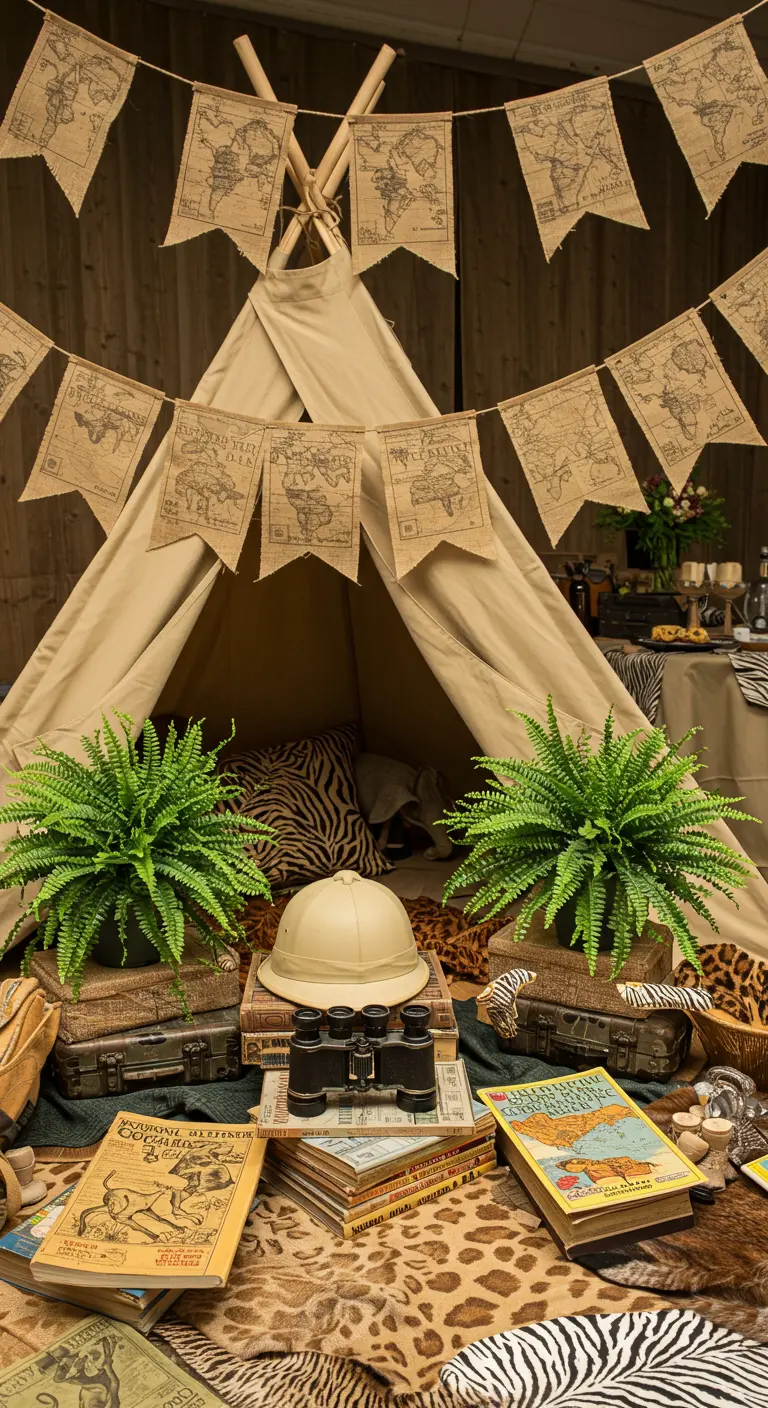 Safari-themed party corner with a canvas tent and animal prints.
