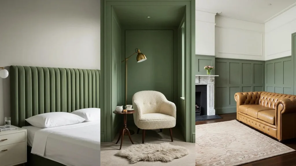 Three fresh sage green interior spaces with timeless decor, showcasing earthy tones and elegant furniture.