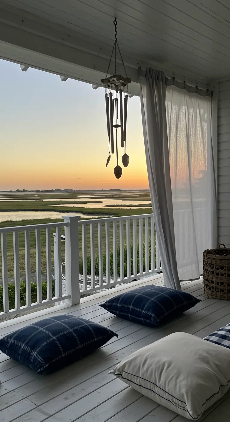 White coastal porch with blue and white plaid pillows and a silverware wind chime.
