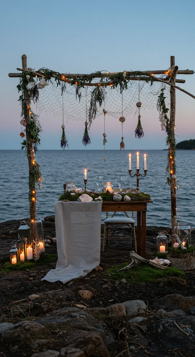 Coastal tablescape on rocks with a driftwood and net arch.