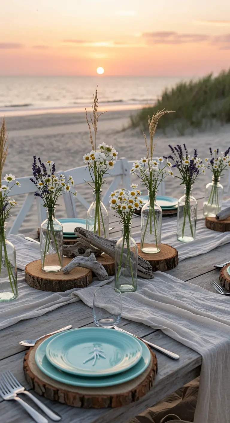 A beachside table with a neutral runner, driftwood, and wildflowers in glass bottles.