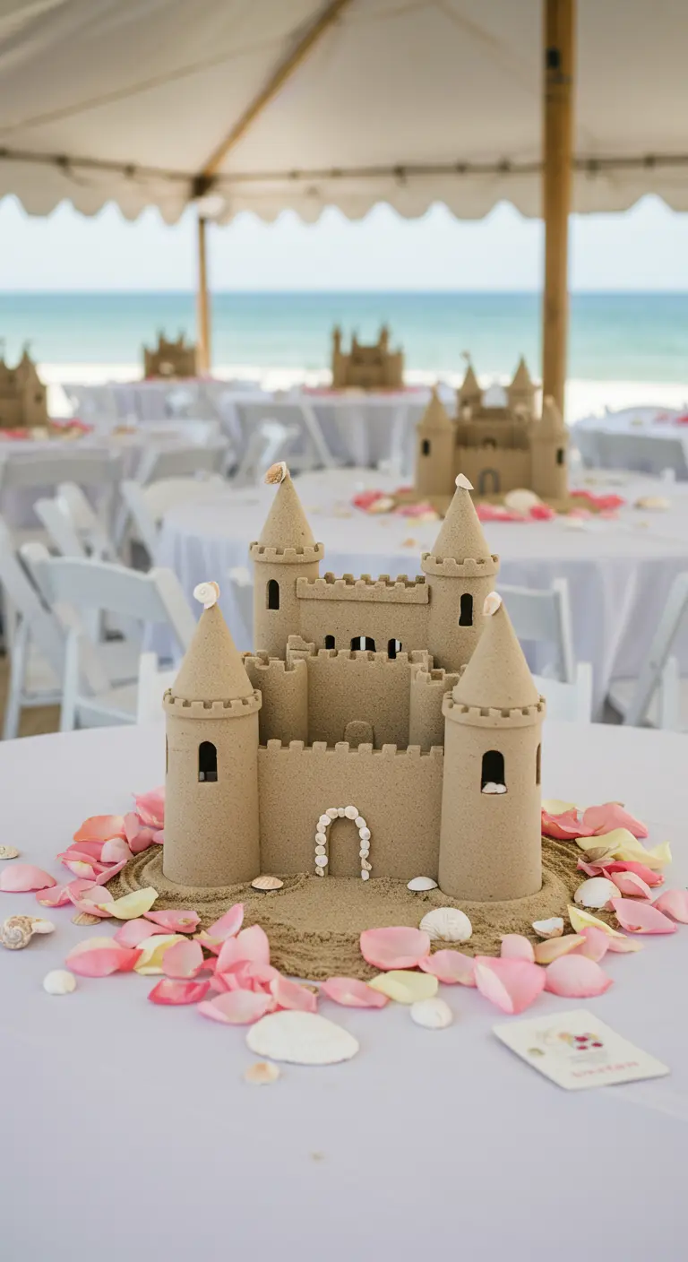 A detailed sandcastle centerpiece surrounded by pink rose petals on a wedding table.