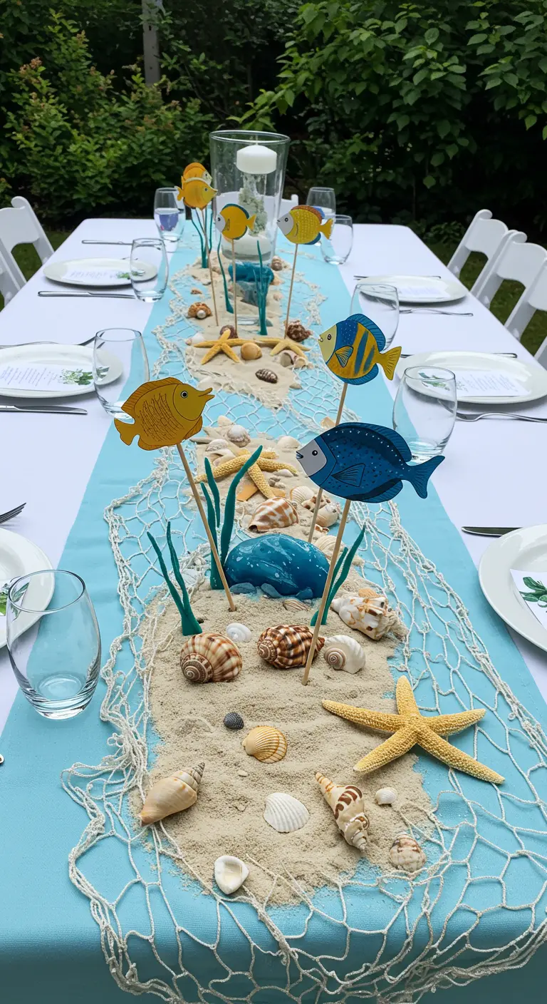 A table centerpiece runner made of sand on blue fabric, with seashells and colorful paper fish on sticks.