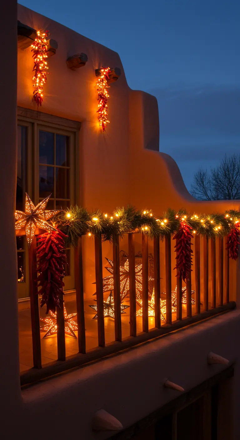 An adobe balcony with a garland featuring lit-up stars and hanging red chili ristras.
