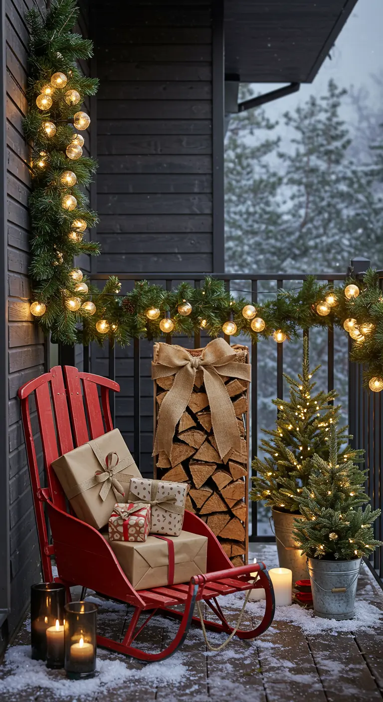 Red sled holding gifts, next to a firewood stack with a burlap bow and mini trees.