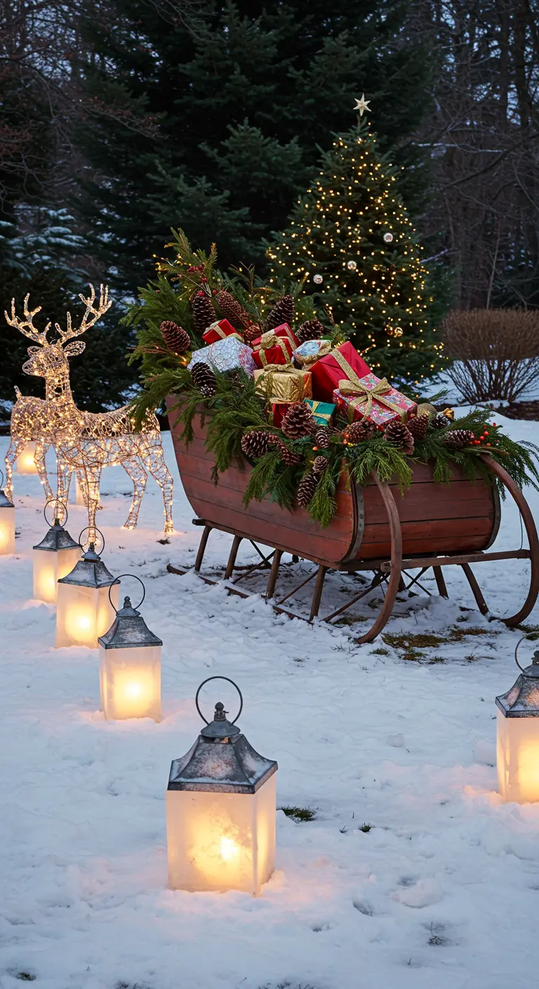 A vintage wooden sleigh filled with gifts and greens, led by a lit reindeer in the snow.