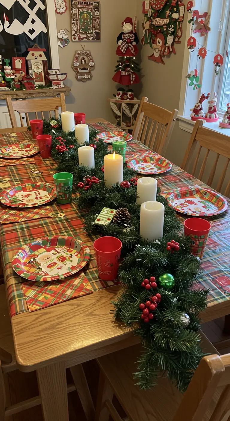 Kid-friendly Christmas table with playful paper plates, a plaid runner, and a sturdy garland centerpiece.