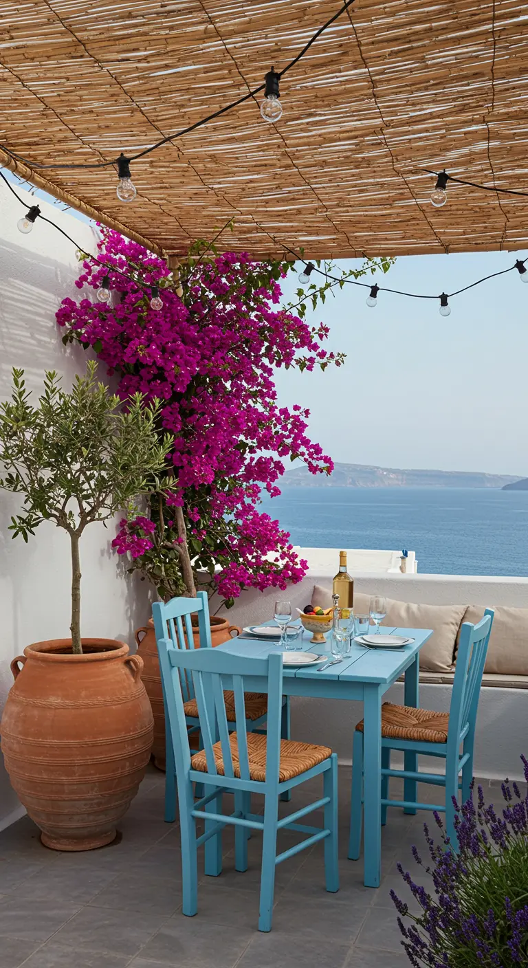 A Mediterranean-inspired rooftop with a blue table, terracotta pots, and bougainvillea.