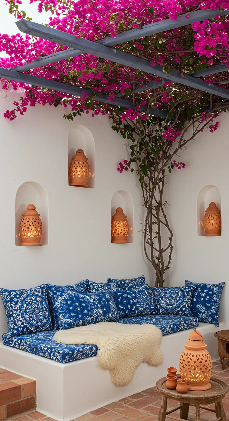 A white bench with blue cushions under a bougainvillea canopy with lanterns in wall niches.