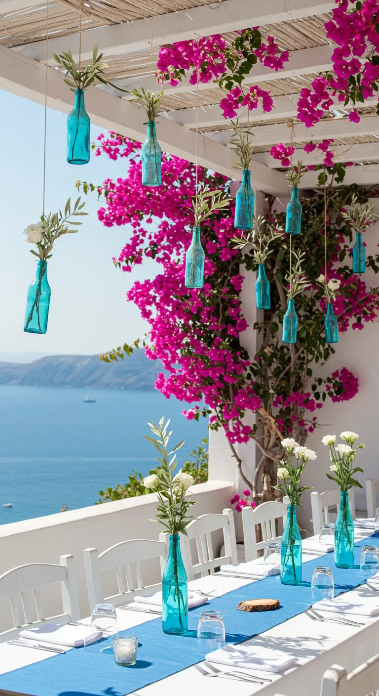 A seaside table with hanging blue bottles against a backdrop of pink bougainvillea.