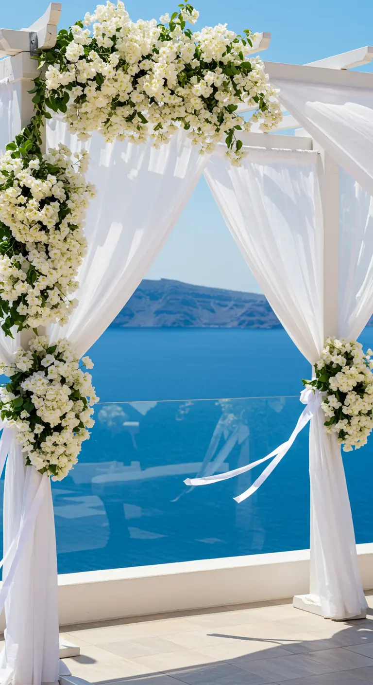 A white wedding canopy overlooking the ocean, adorned with white bougainvillea and flowing fabric.