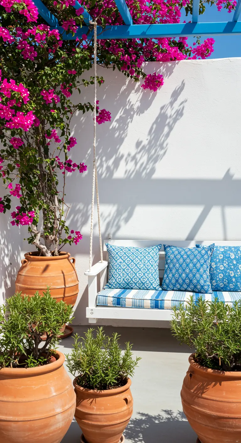 White swing with blue patterned pillows under a blue pergola with bougainvillea.