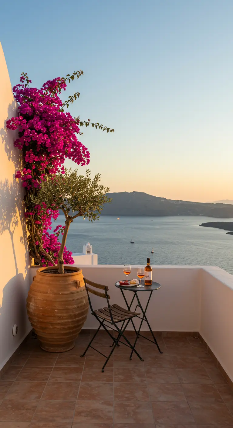 Olive tree and bougainvillea in a large terracotta pot on a balcony overlooking the sea.