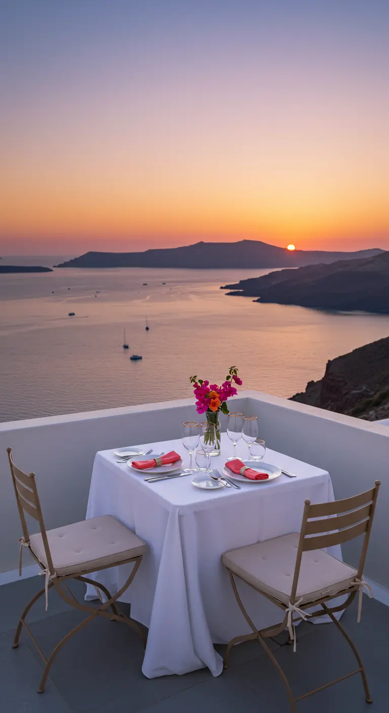 Romantic dinner table for two on a balcony overlooking the sea at sunset.