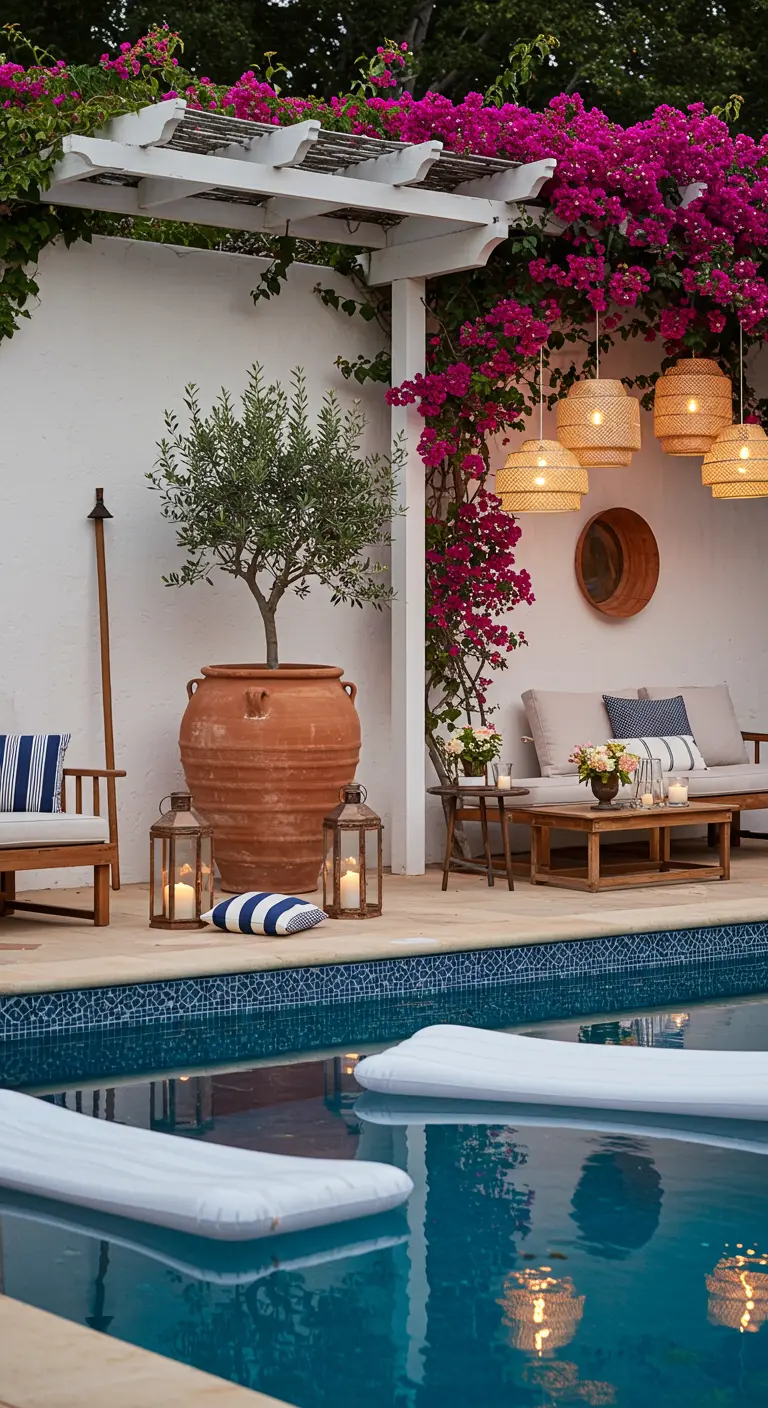 Mediterranean patio with bougainvillea, rattan pendants, and navy cushions.