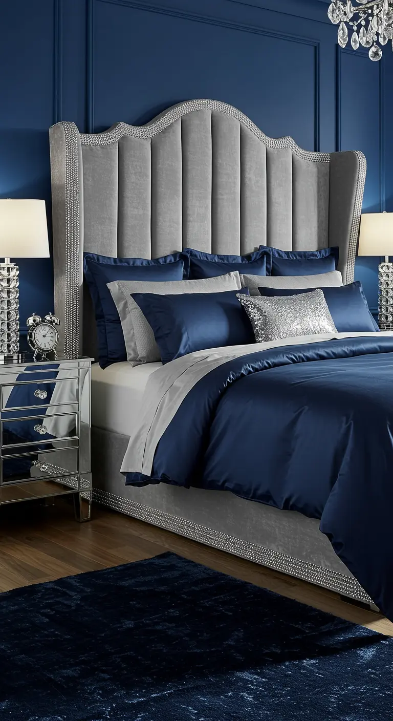 Sapphire blue bedroom with a studded gray velvet wingback headboard.