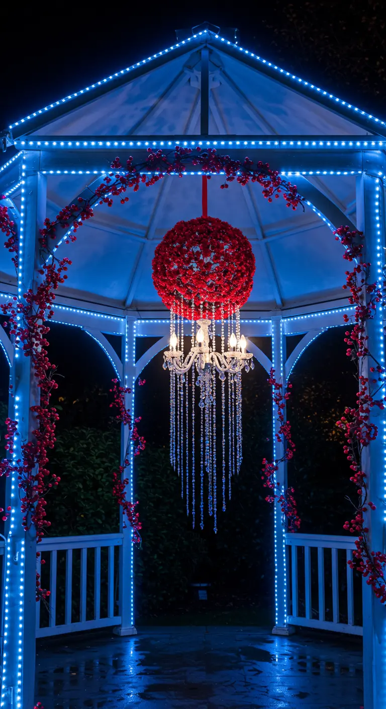 A white gazebo lit with dramatic blue lights, featuring a central hanging chandelier with a red floral top.