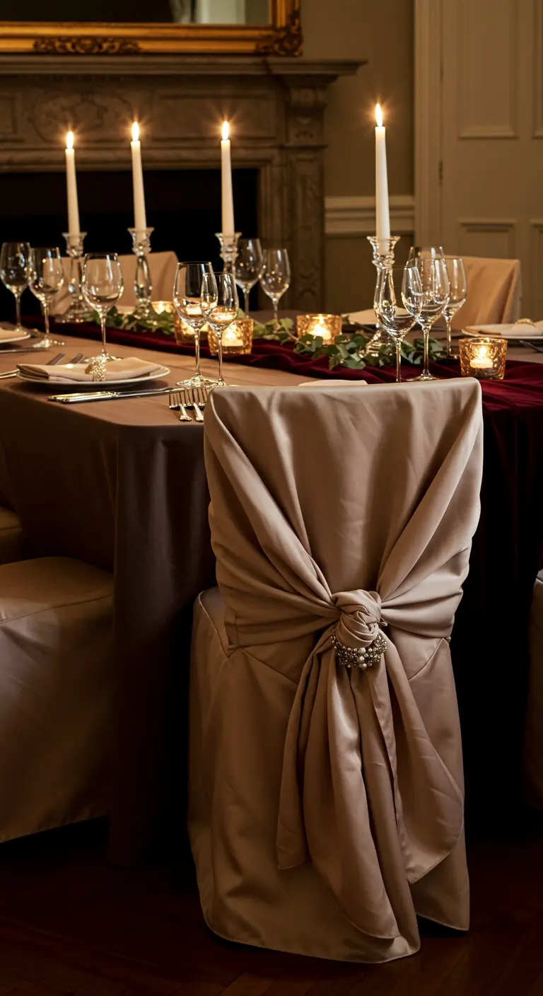 A dining chair with a knotted champagne-colored satin sash and a jeweled brooch.