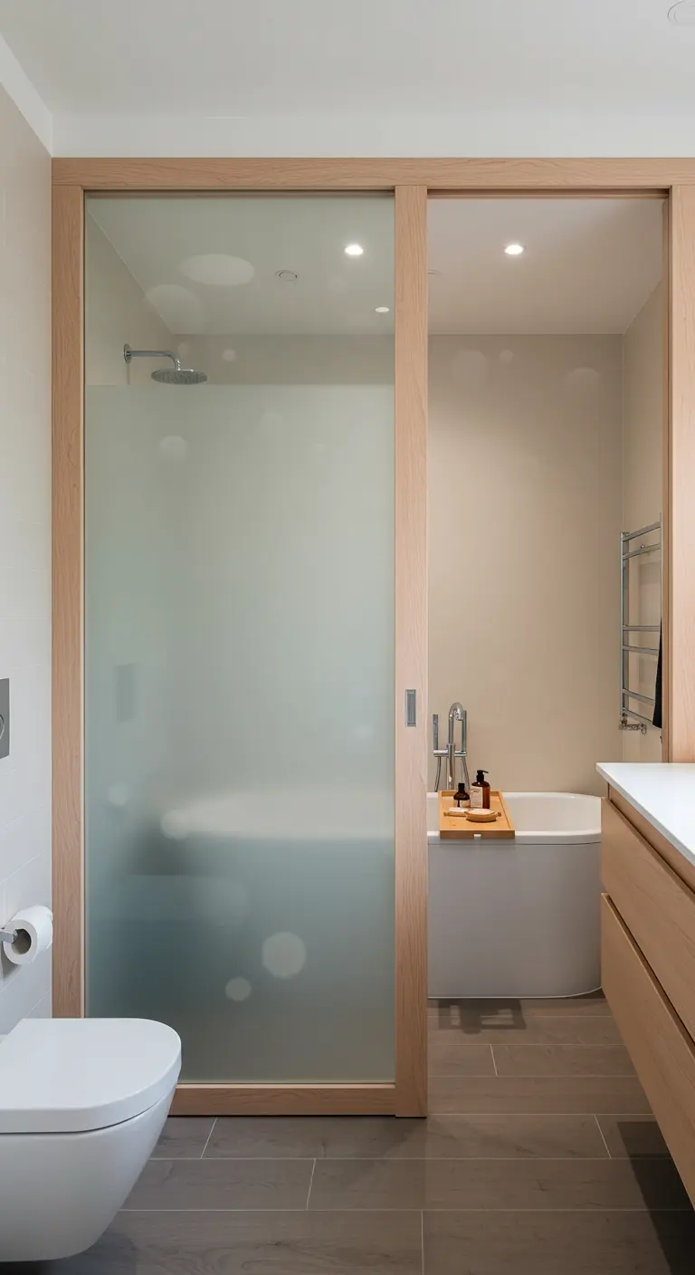 Frosted glass sliding door with a light wood frame in a bathroom.