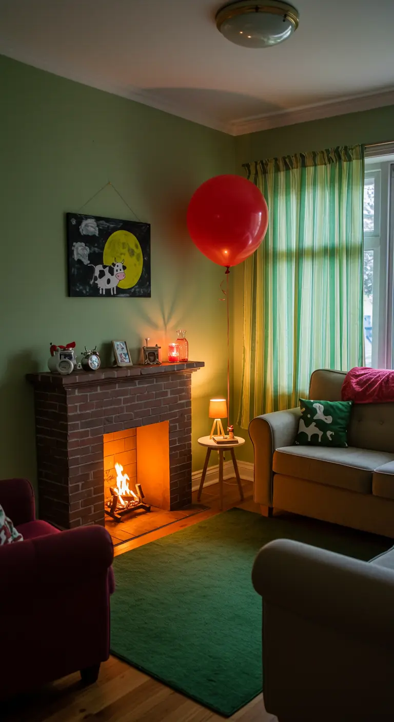 A living room decorated to look like the 'great green room' from 'Goodnight Moon'.