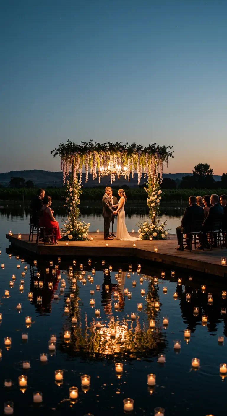 A couple exchanges vows on a dock under a floral arch, surrounded by floating candles on the water.