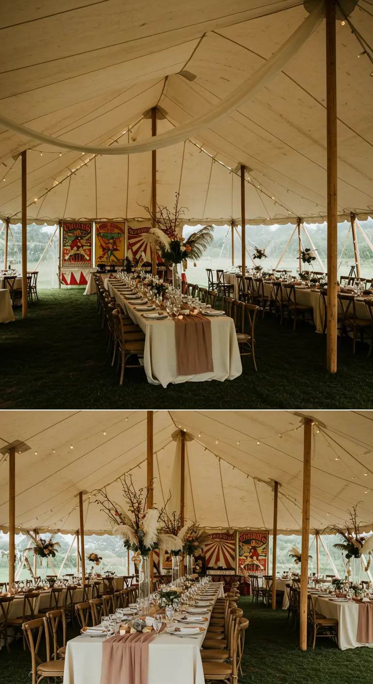 A wedding reception in a tent with long tables and vintage carnival posters in the background.