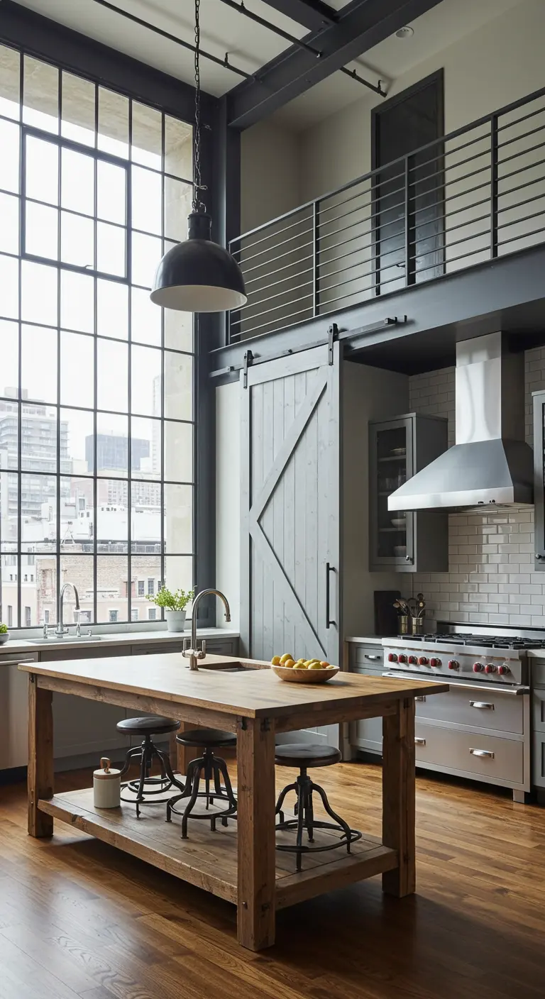 Loft kitchen with soaring ceilings, a massive steel window, and a tall gray barn door.