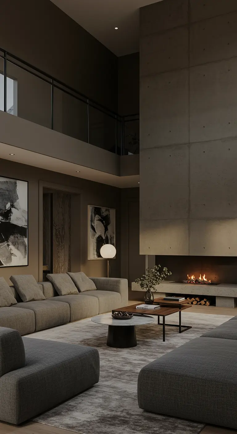 Double-height living room with a large concrete fireplace and a massive grey sectional sofa.