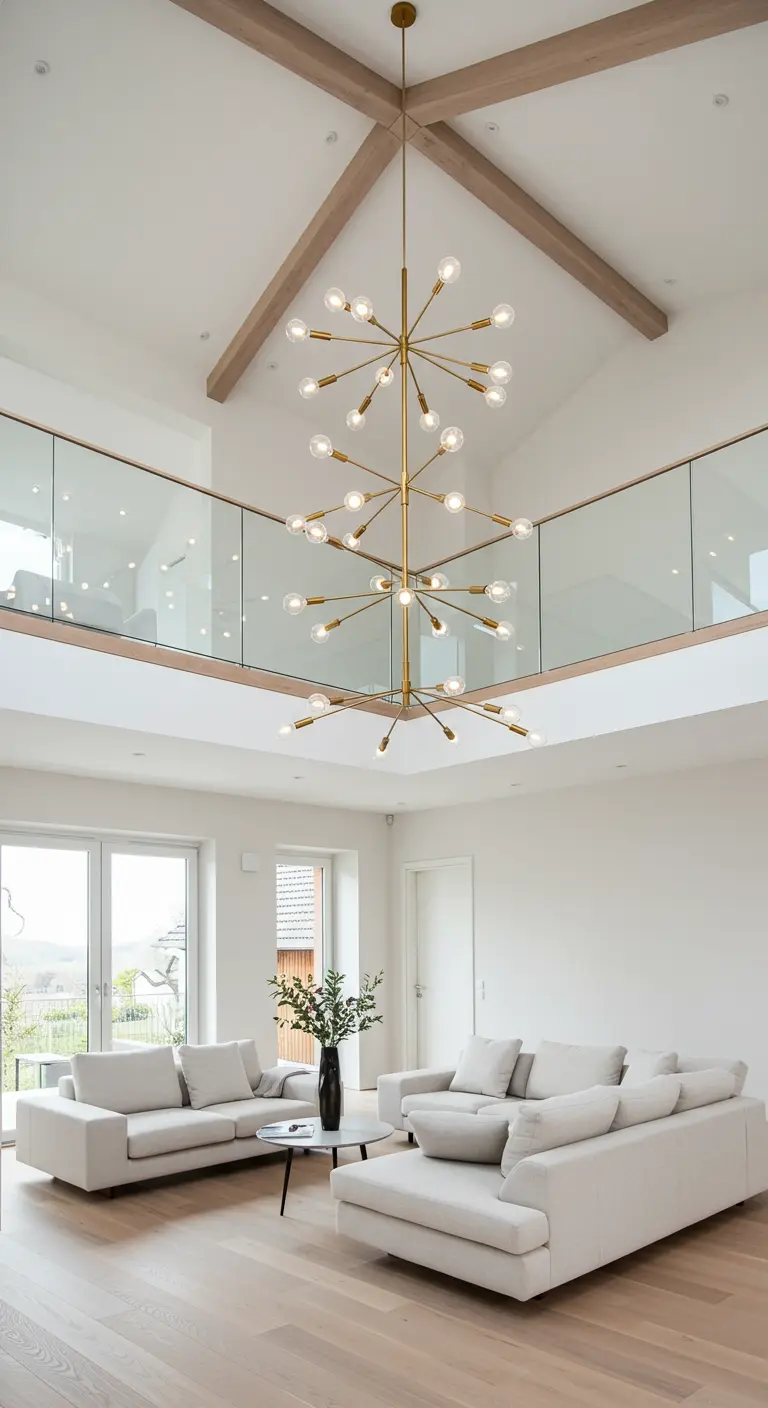A large, multi-arm brass chandelier hanging in a double-height living room.