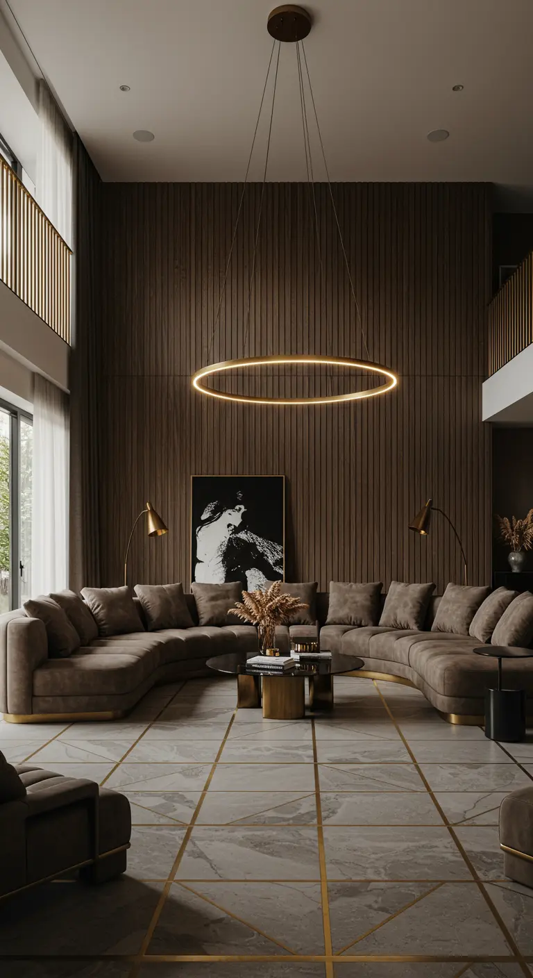 A double-height living room with a large circular brass chandelier and wood-paneled walls.