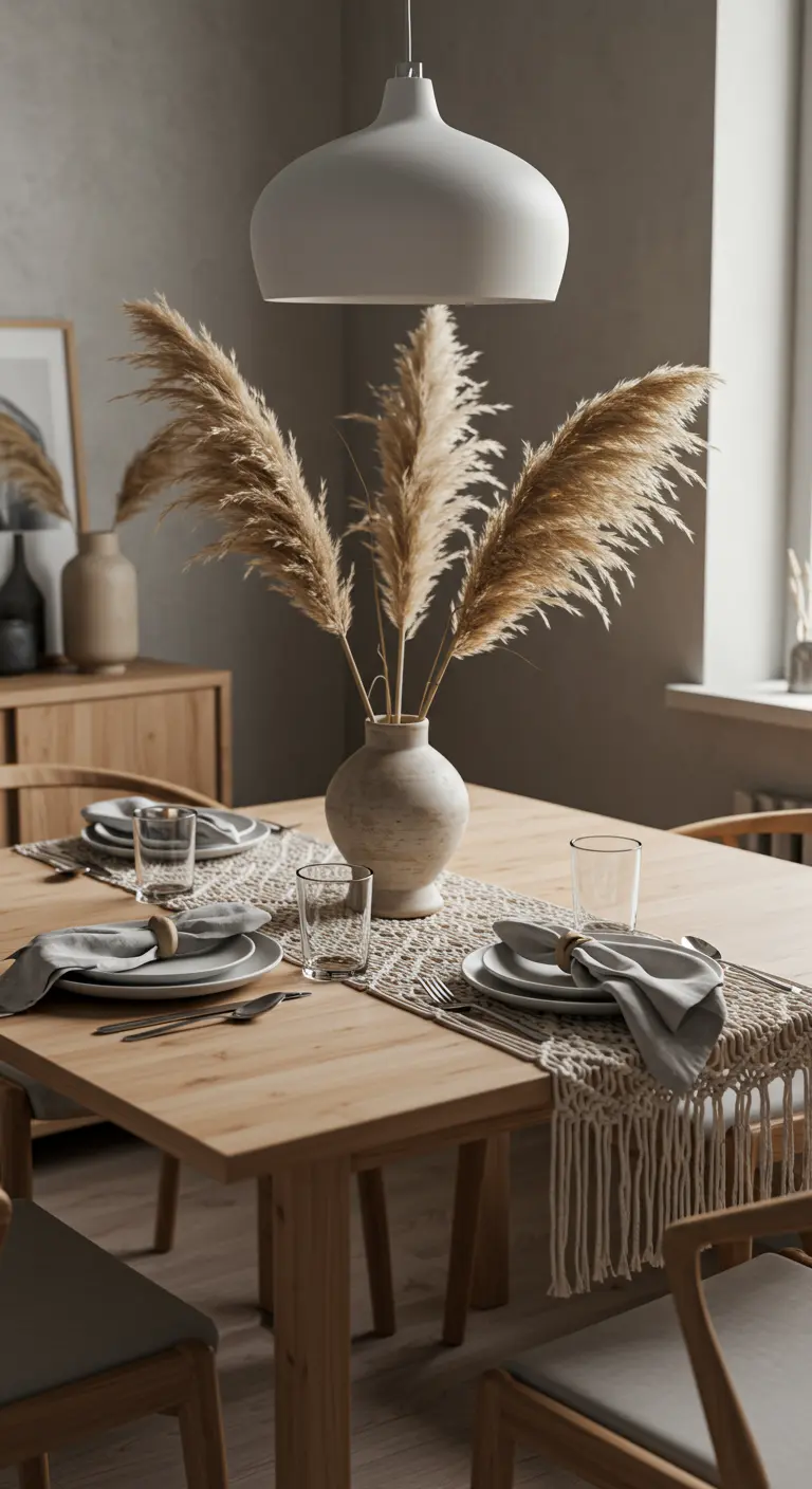 Minimalist dining table with a macramé runner and pampas grass in a cream vase.