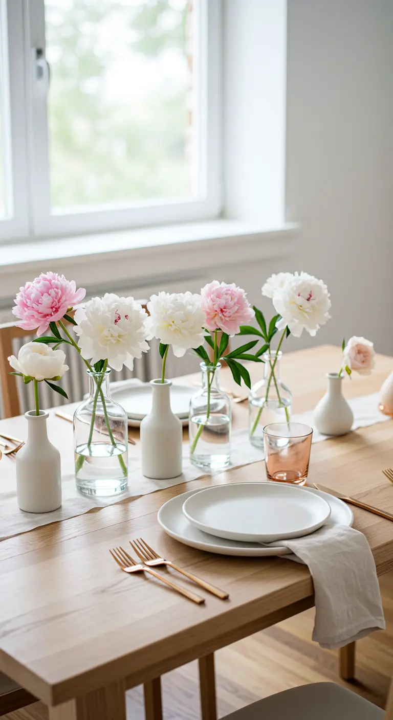 Minimalist table with single peonies in bud vases and rose gold flatware.