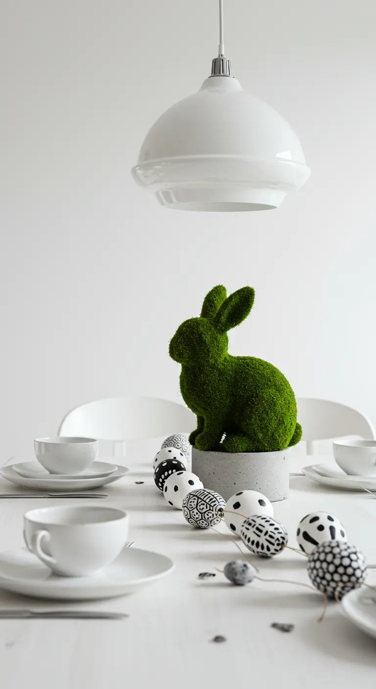 Minimalist Easter table with a moss bunny and black-and-white patterned eggs.