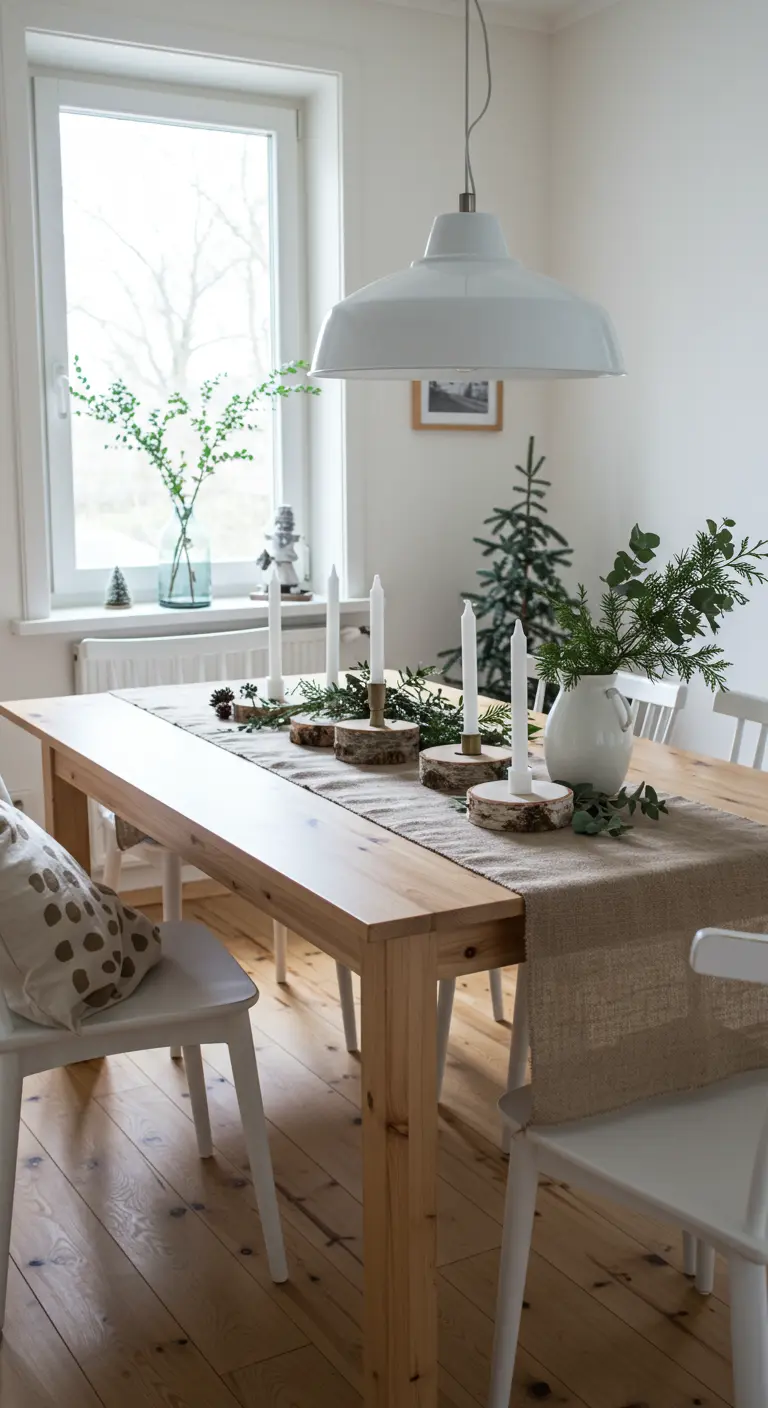 Bright, Scandinavian-style dining table with a burlap runner and minimalist candle display.