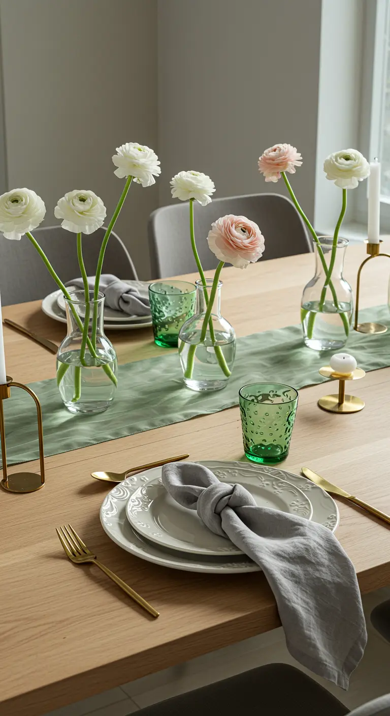 Minimalist table with bud vases holding single ranunculus stems.