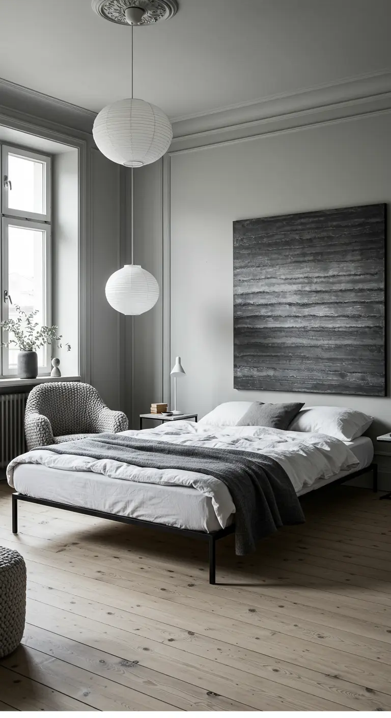 Minimalist gray bedroom with paper lanterns, abstract art, and a simple black metal bed frame.