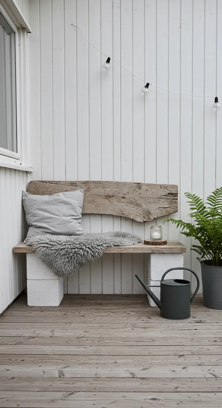 A white cinder block bench with a sheepskin throw and a simple driftwood backrest on a porch.